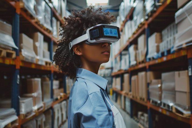 a person in a warehouse wearing a virtual reality headset, seemingly engaged in an immersive experience.