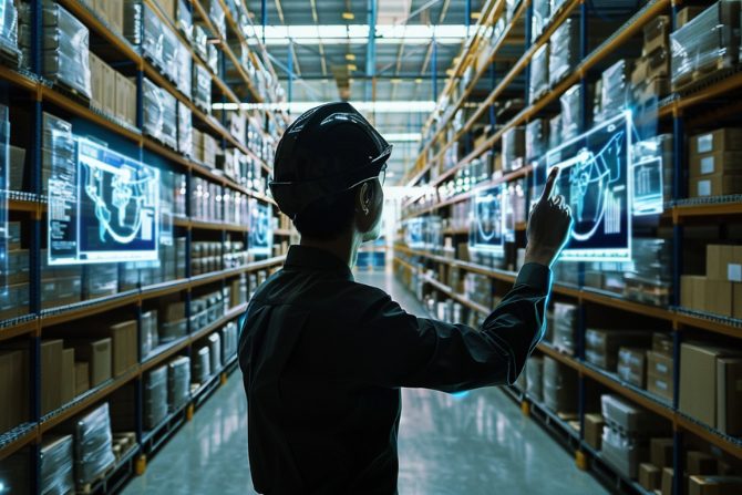 a person in a warehouse using AI in supply chain management