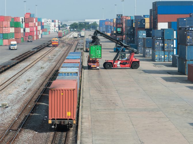 Freight train platform with freight train container in the depot in port use for logistic fund export