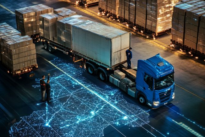 Camión de carga con visualización digital de rutas y datos, representando la trazabilidad en la logística farmacéutica.