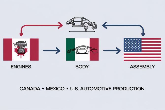 Trinational automotive production flow between Canada, Mexico, and the U.S. under 2025 automotive tariffs