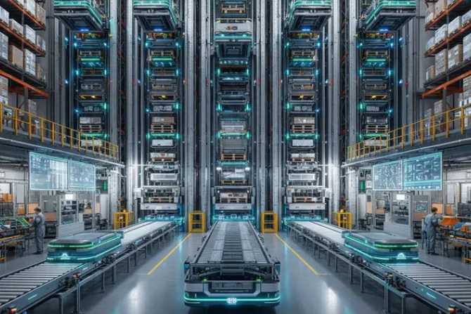 Automated warehouse system with robotic storage and conveyors showing warehouse automation trends