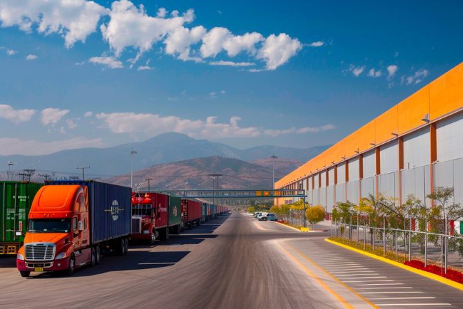 trucks in front of a warehouse