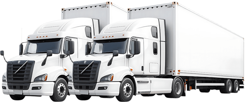 Two white trucks parked side by side, representing reliable international ground transportation and logistics logistics between the U.S. and Mexico.