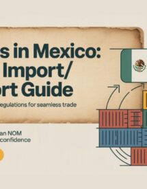 Featured blog post image illustrating international trade between Mexico and the United States. The graphic shows interconnected shipping containers and flags of both countries. The headline, 'NOMs in Mexico: Your Import/Export Guide,' appears in bold dark teal font on a textured parchment background. A subtitle reads 'Understanding Regulations for Seamless Trade,' with a smaller text block stating, 'Navigate Mexican NOM standards with confidence,' and a vibrant orange 'Learn More' button. The clean design incorporates a warm color palette of ochre, teal, and orange, conveying trust and expertise.