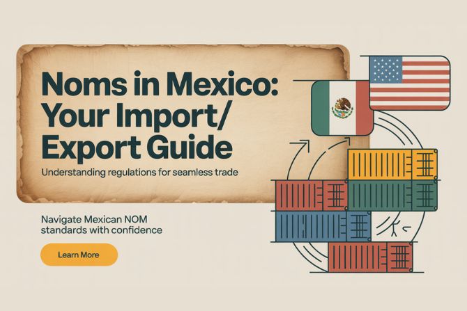 Featured blog post image illustrating international trade between Mexico and the United States. The graphic shows interconnected shipping containers and flags of both countries. The headline, 'NOMs in Mexico: Your Import/Export Guide,' appears in bold dark teal font on a textured parchment background. A subtitle reads 'Understanding Regulations for Seamless Trade,' with a smaller text block stating, 'Navigate Mexican NOM standards with confidence,' and a vibrant orange 'Learn More' button. The clean design incorporates a warm color palette of ochre, teal, and orange, conveying trust and expertise.