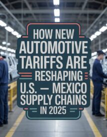 Factory workers assembling vehicles on a production line, highlighting the impact of new automotive tariffs on U.S.-Mexico supply chains in 2025, with the text overlay discussing this crucial economic topic.