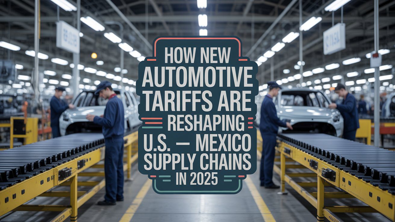 Factory workers assembling vehicles on a production line, highlighting the impact of new automotive tariffs on U.S.-Mexico supply chains in 2025, with the text overlay discussing this crucial economic topic.