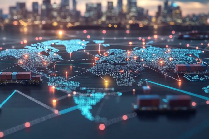 Global supply chain network visualization with cargo containers and connected nodes on a world map, representing international logistics and cross-border trade