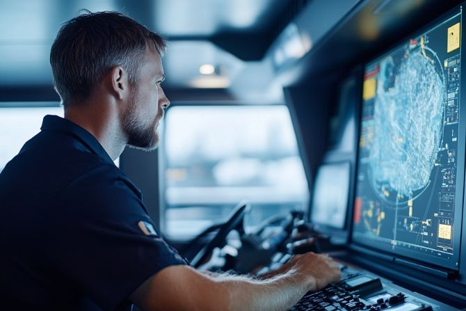 A logistics professional working on a computer with advanced tracking software, highlighting the use of technology in managing cross-border shipping.