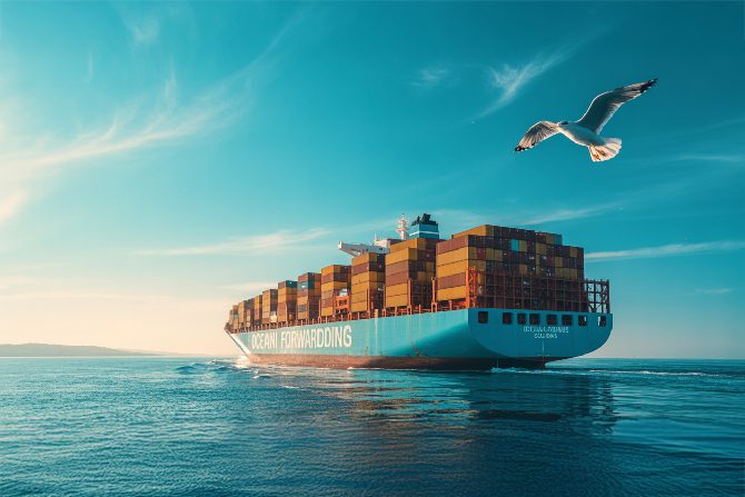 A large cargo ship representing ocean freight forwarder sailing on calm waters, surrounded by a clear blue sky. A seagull flies overhead in the foreground.