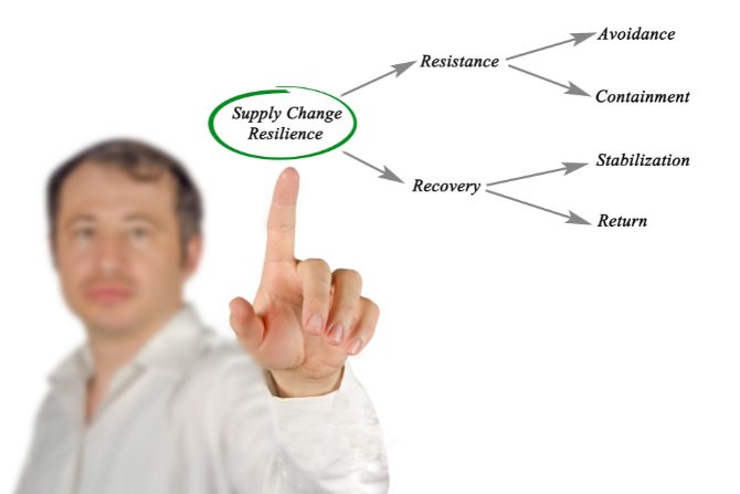 Man pointing at a diagram showing key aspects of supply chain resilience, including resistance and recovery stages, highlighting strategies like avoidance, containment, and stabilization.