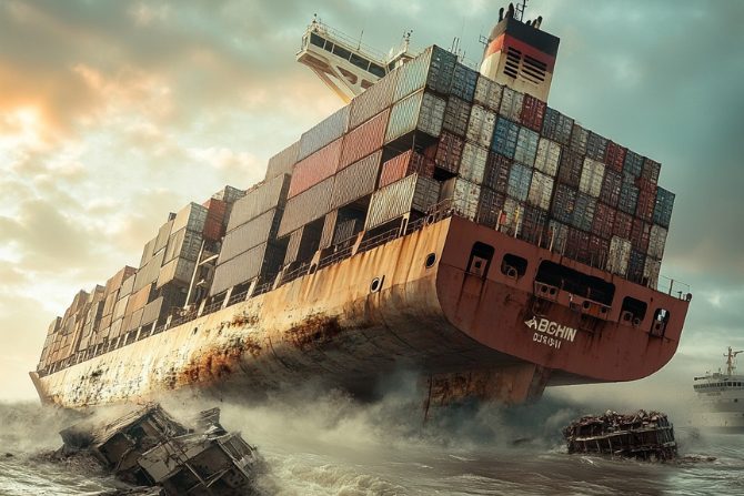 Large container ship navigating through turbulent waters, symbolizing challenges in supply chain resilience, with stacked shipping containers highlighting global logistics and trade impact.