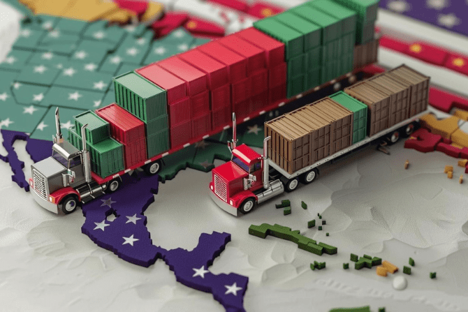 an image of trucks on a map symbolizing U.S. Trade with Mexico